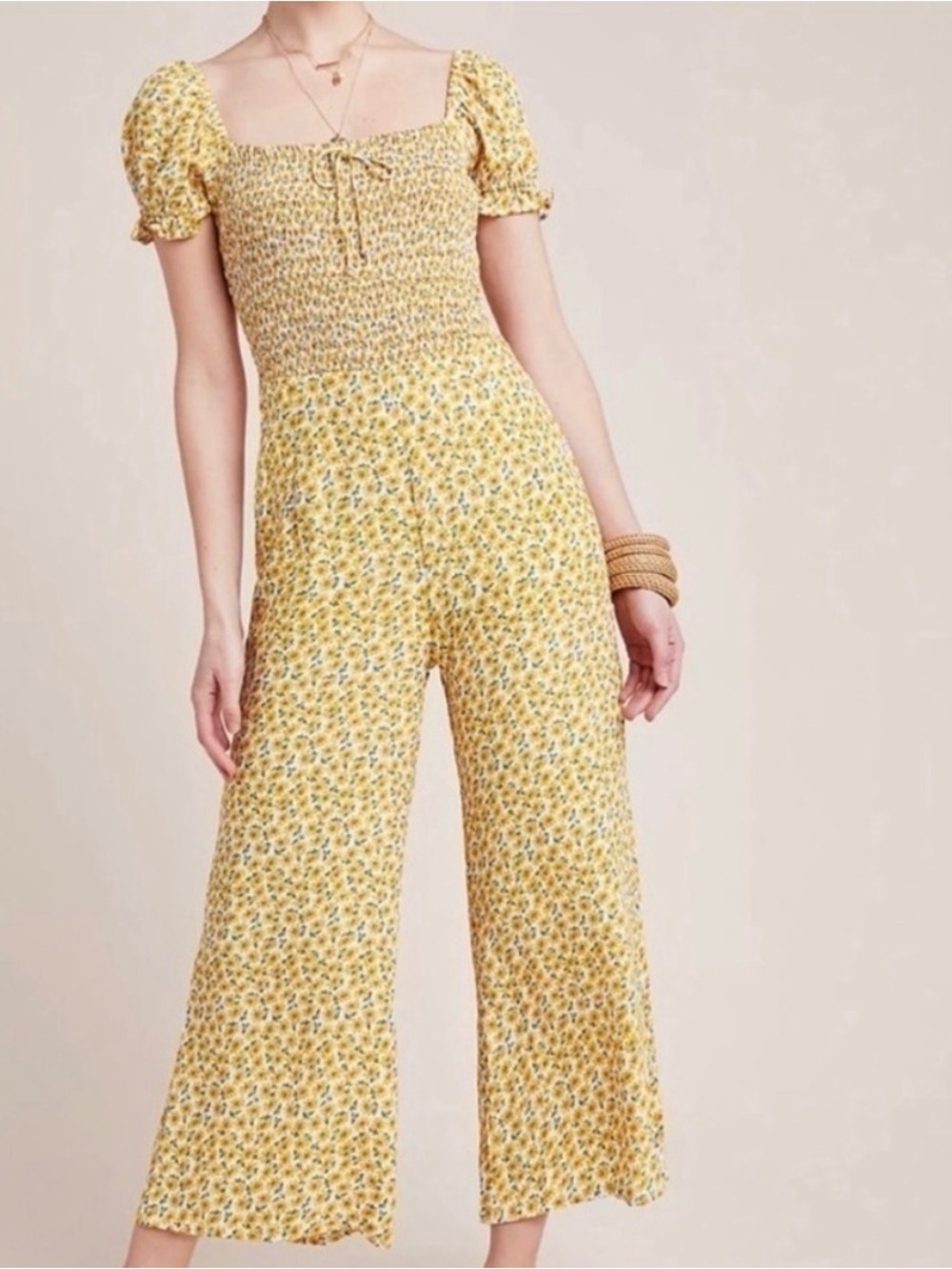 Faithfull the Brand Della Smocked Short Sleeve Wide Leg Floral Jumpsuit Yellow